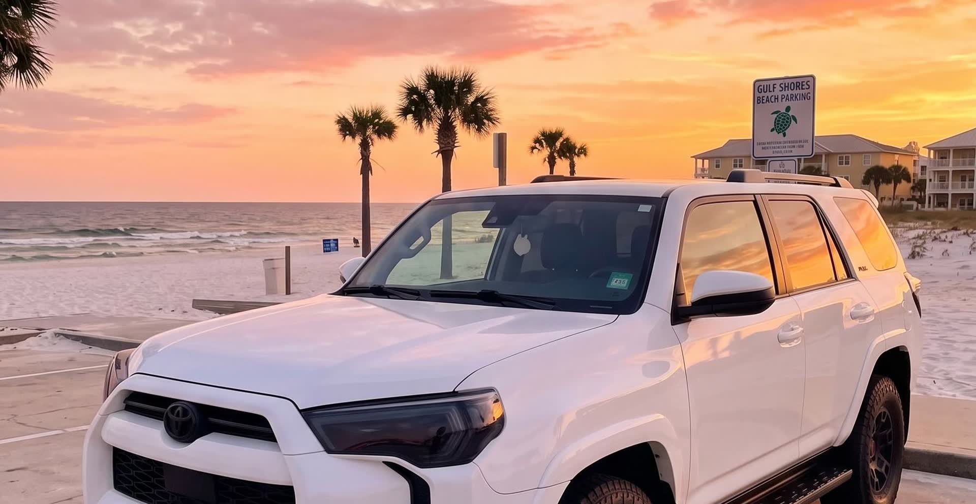 White 2021 Toyota 4Runner SR5 parked at Gulf Shores Beach Parking at sunset, palm trees and Gulf of Mexico in background