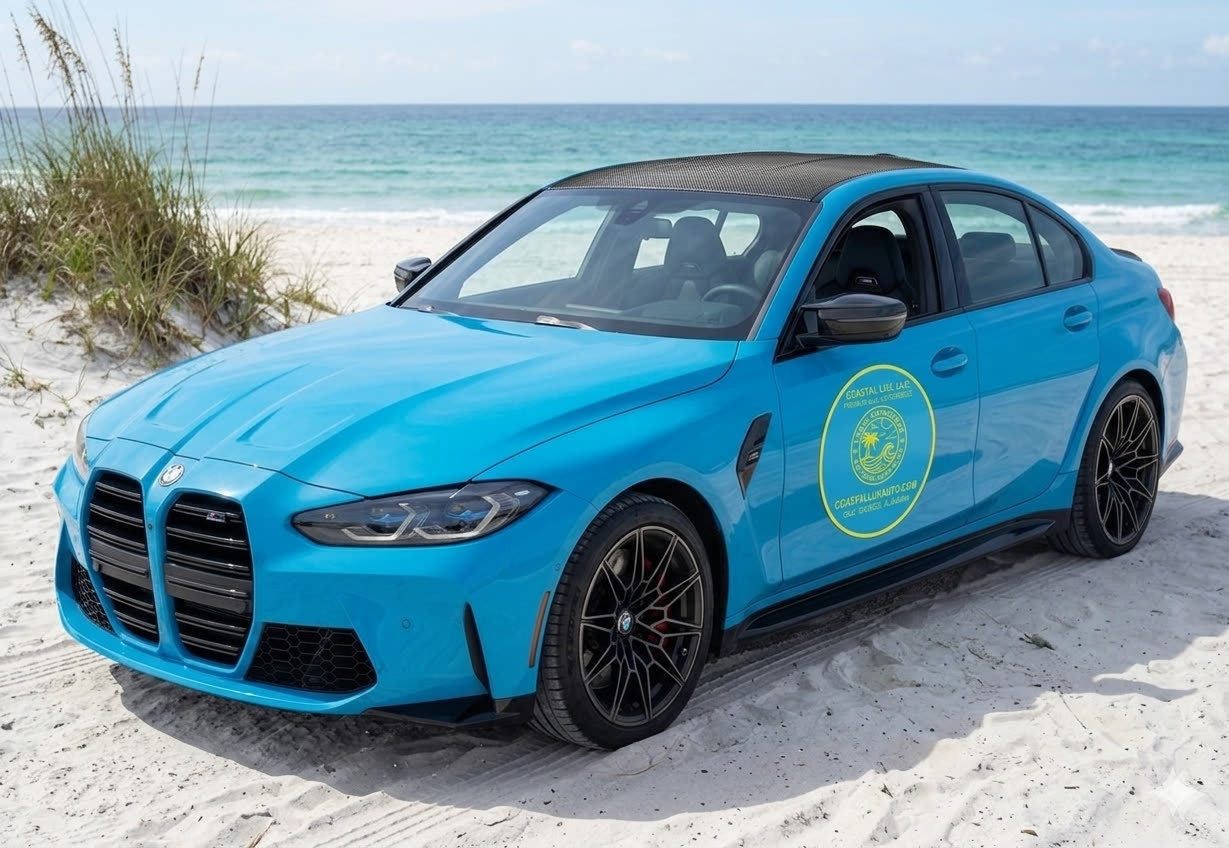 Coastal Lux branded BMW M3 Competition on Gulf Shores beach, Miami blue with Coastal Lux round logo decal on door, ocean and sea oats behind