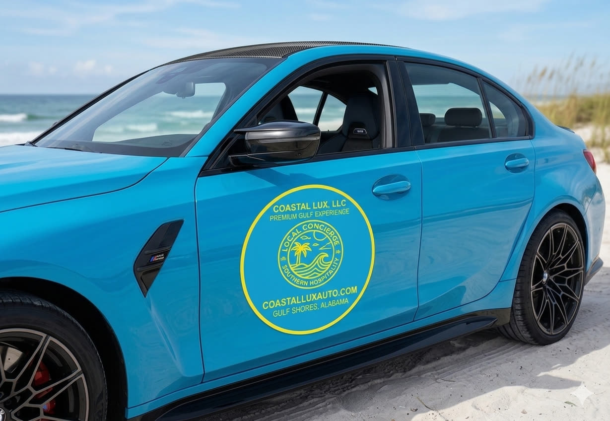 Coastal Lux BMW M3 Competition door livery detail — large round Coastal LUX logo decal with COASTALLUXAUTO.COM and Gulf Shores text, Gulf of Mexico horizon behind