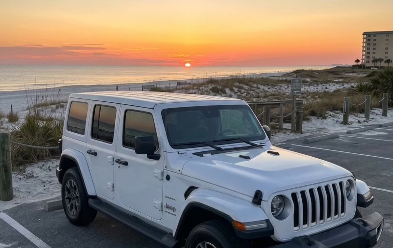 Coastal Lux 2025 Jeep Wrangler Sahara at sunset, Gulf Shores Alabama