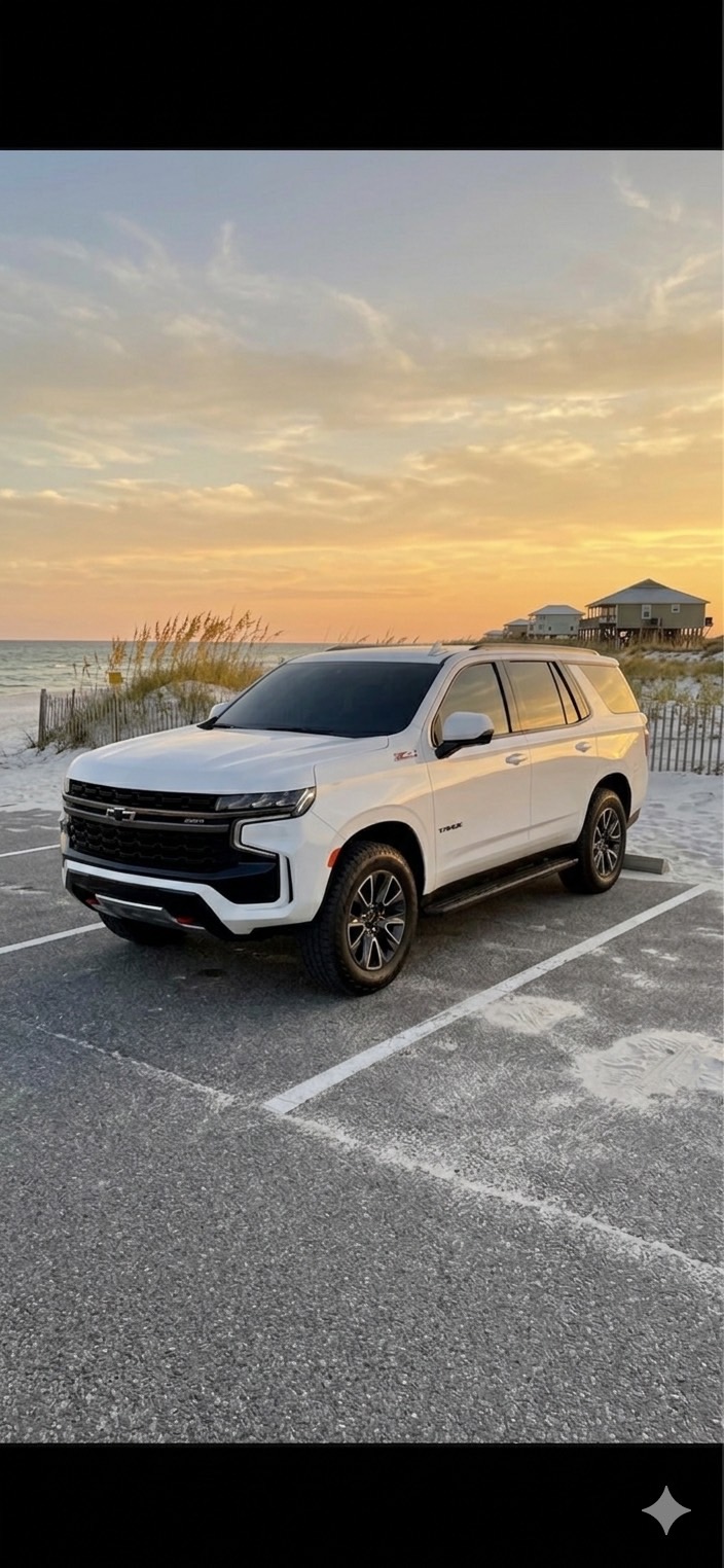 Black Chevrolet Tahoe Z71 on the beach at Gulf Shores, Alabama at golden hour