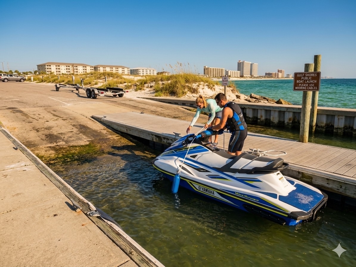 Waverunners on the Gulf with Coastal Lux tow vehicle at the launch