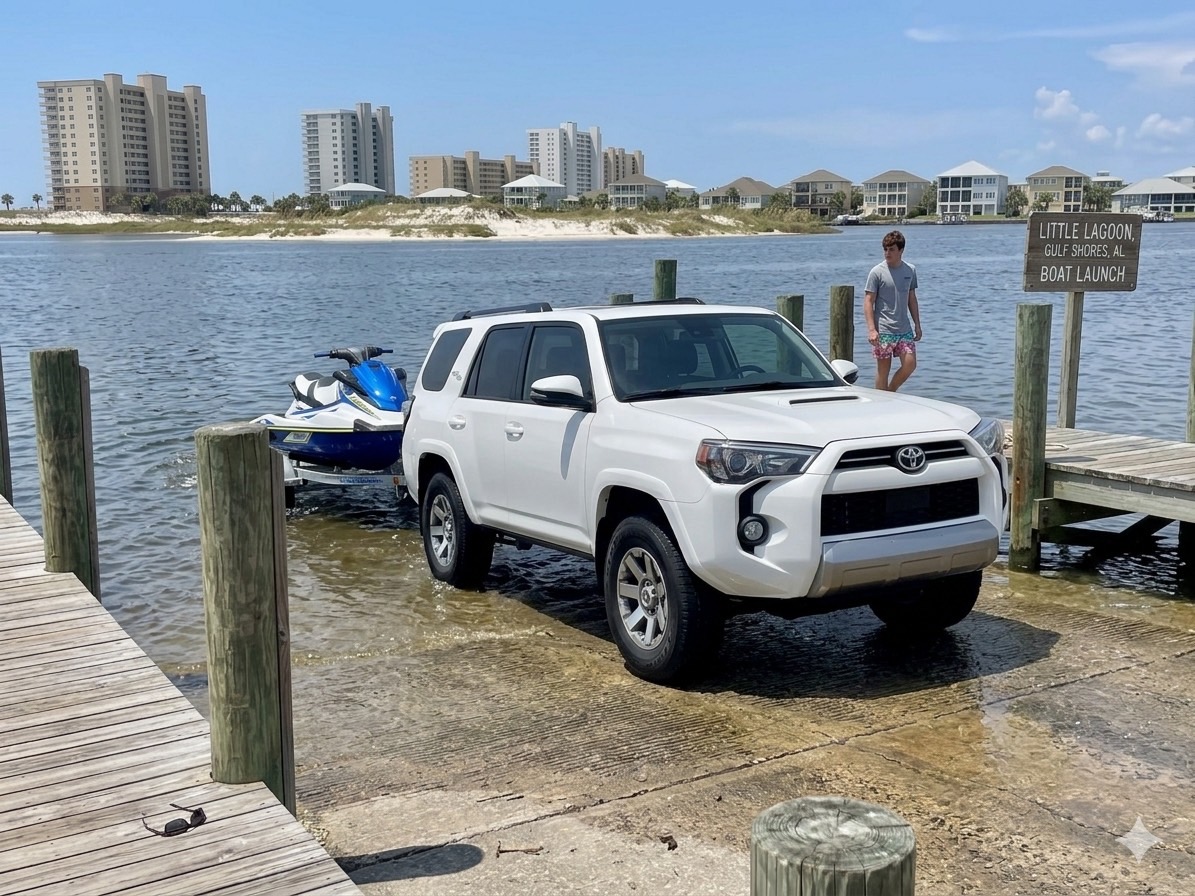 Coastal Lux 4Runner towing waverunners at Gulf Shores boat launch