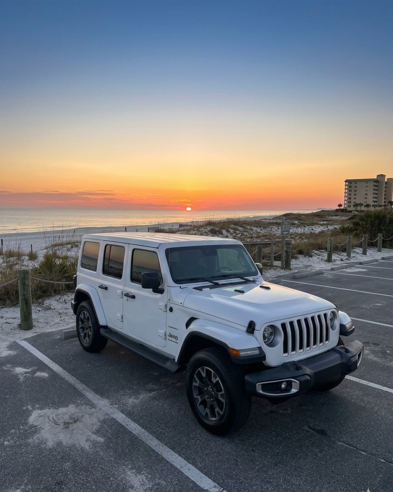 White 2025 Jeep Wrangler Sahara parked beachfront at a Gulf Shores sunset, Gulf of Mexico and dunes in the background