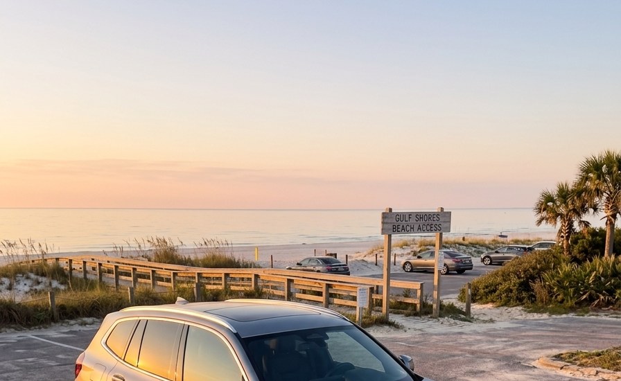 Coastal Lux 2023 BMW X3 xDrive30i parked at Gulf Shores Beach Access at sunset — gray exterior, ocean and dunes behind